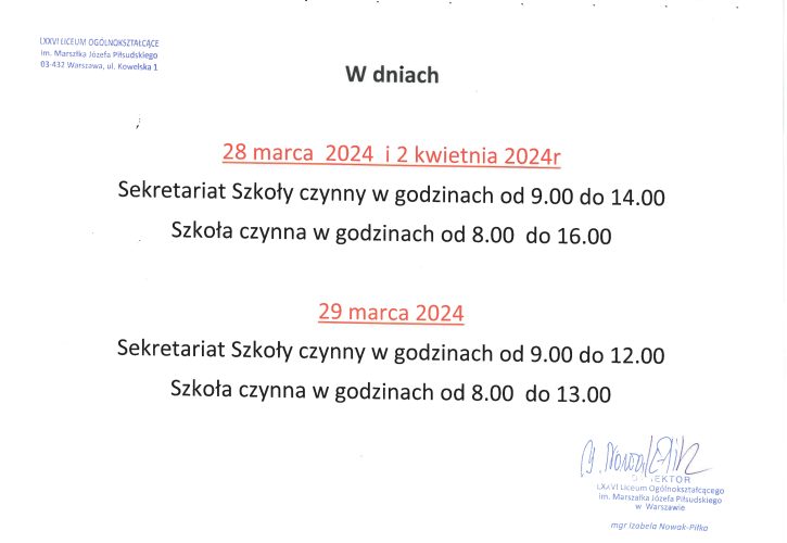 Praca Sekretariatu w okresie świątecznym